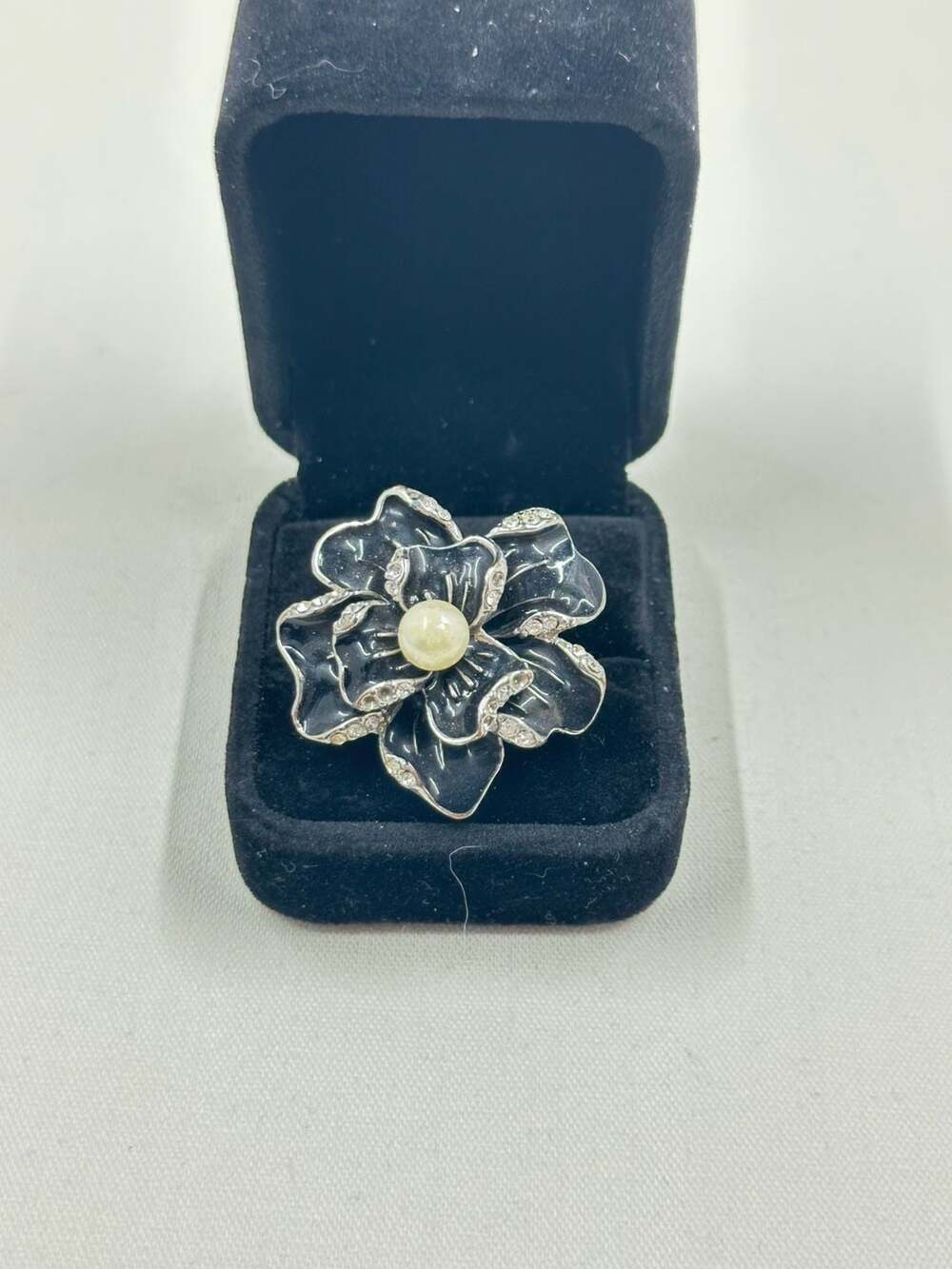 Vintage RA Robert Allison Rhinestone and Enamel Flower Statement Ring